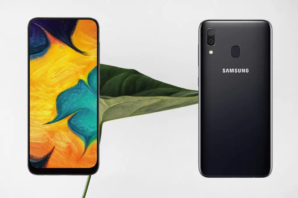 Samsung Galaxy A30 with leaf Background