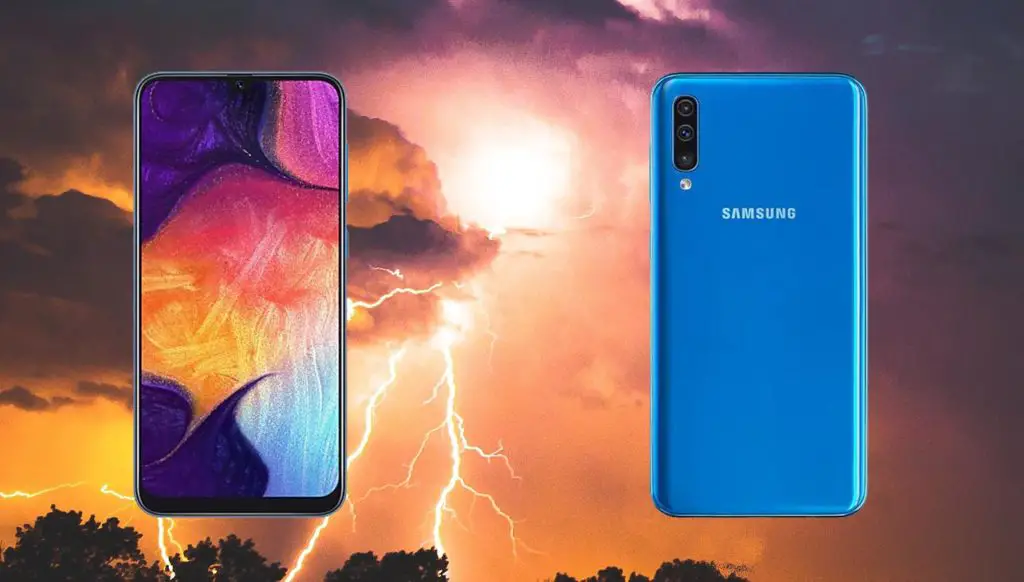 Samsung Galaxy A50 with Thunder background