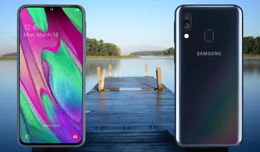 Samsung Galaxy A40 with Lake View Background