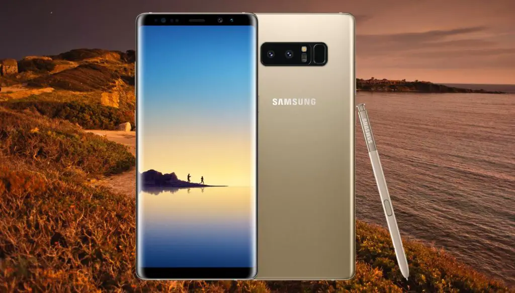 Samsung Galaxy Note 8 with Mountain Sea View Background