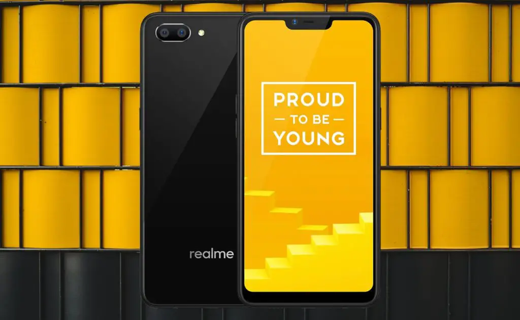 Realme C1 with Yellow Black Bricks Background