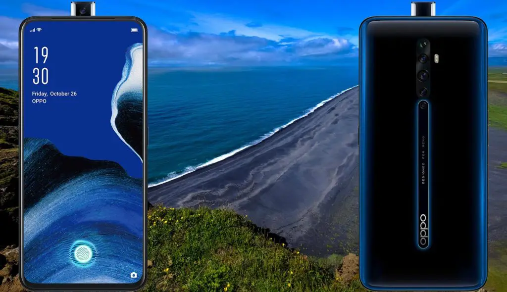 Oppo Reno2 Z with Black Sand Beach Background