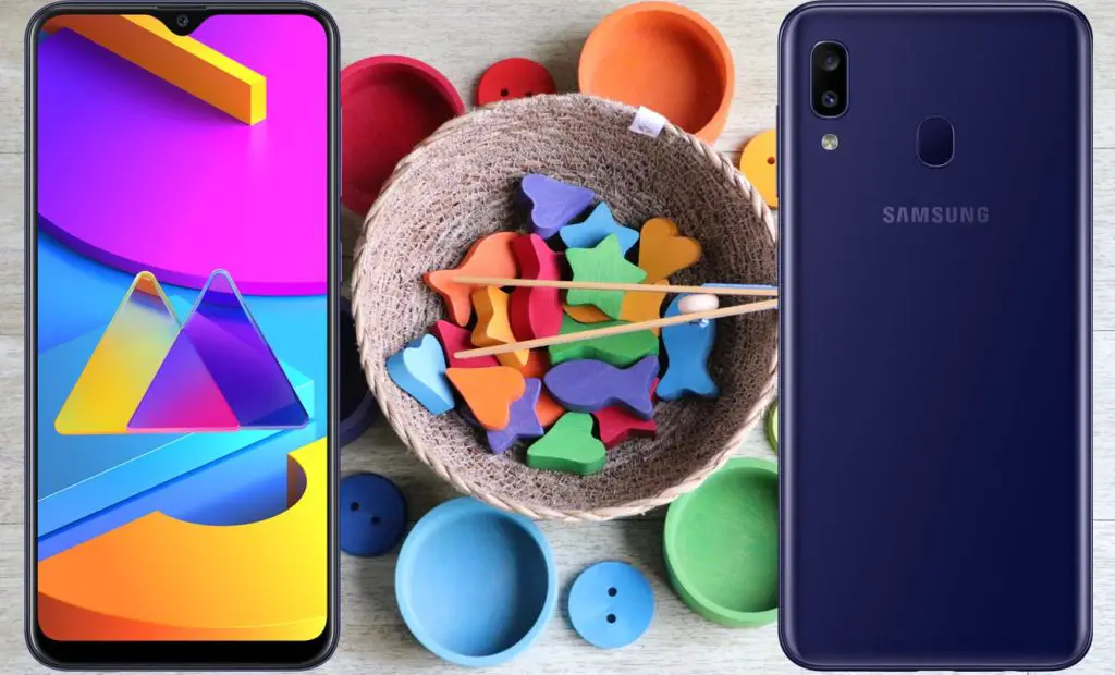 Samsung Galaxy M10s with Rubber Shapes in Food Bowl