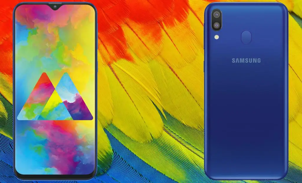 Samsung Galaxy M20 with Colorful Feather Background