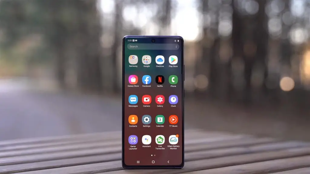 Front Facing Samsung Galaxy S10 Lite on the Wooden Table