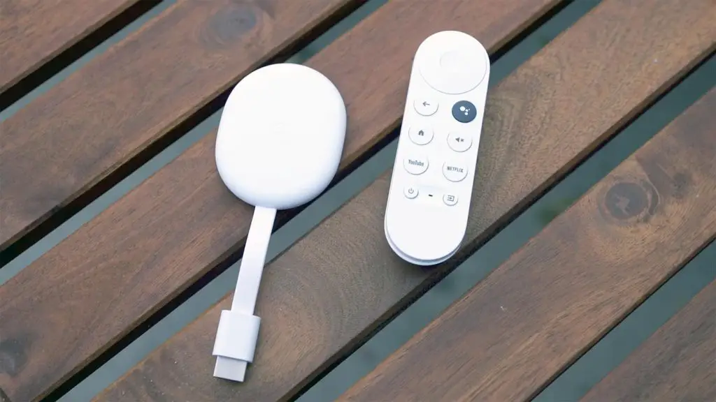 Google TV Chromecast with Remote on the Wooden table