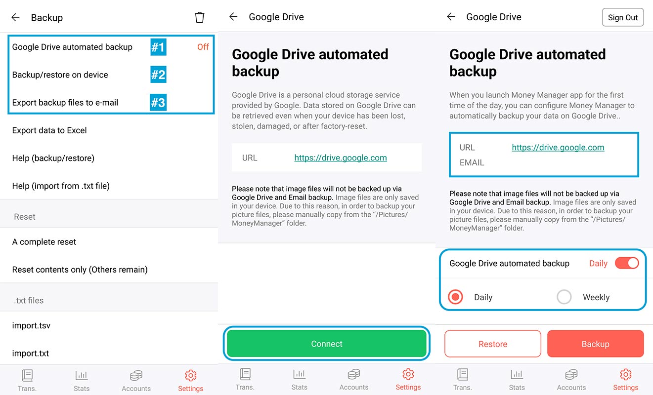 Money Manager App Backup Options full