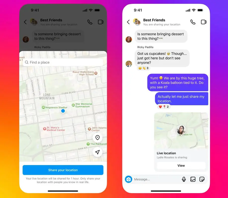 Instagram live location sharing screenshot