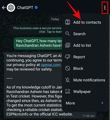 Chat GPT in WhatsApp Screenshot